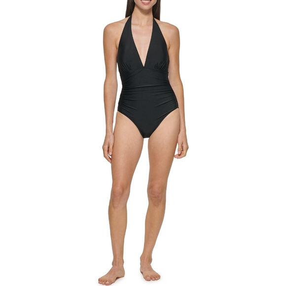 NWT DKNY Womens Black Halter Shirred Halter One Piece Swimsuit - Picture 4 of 6